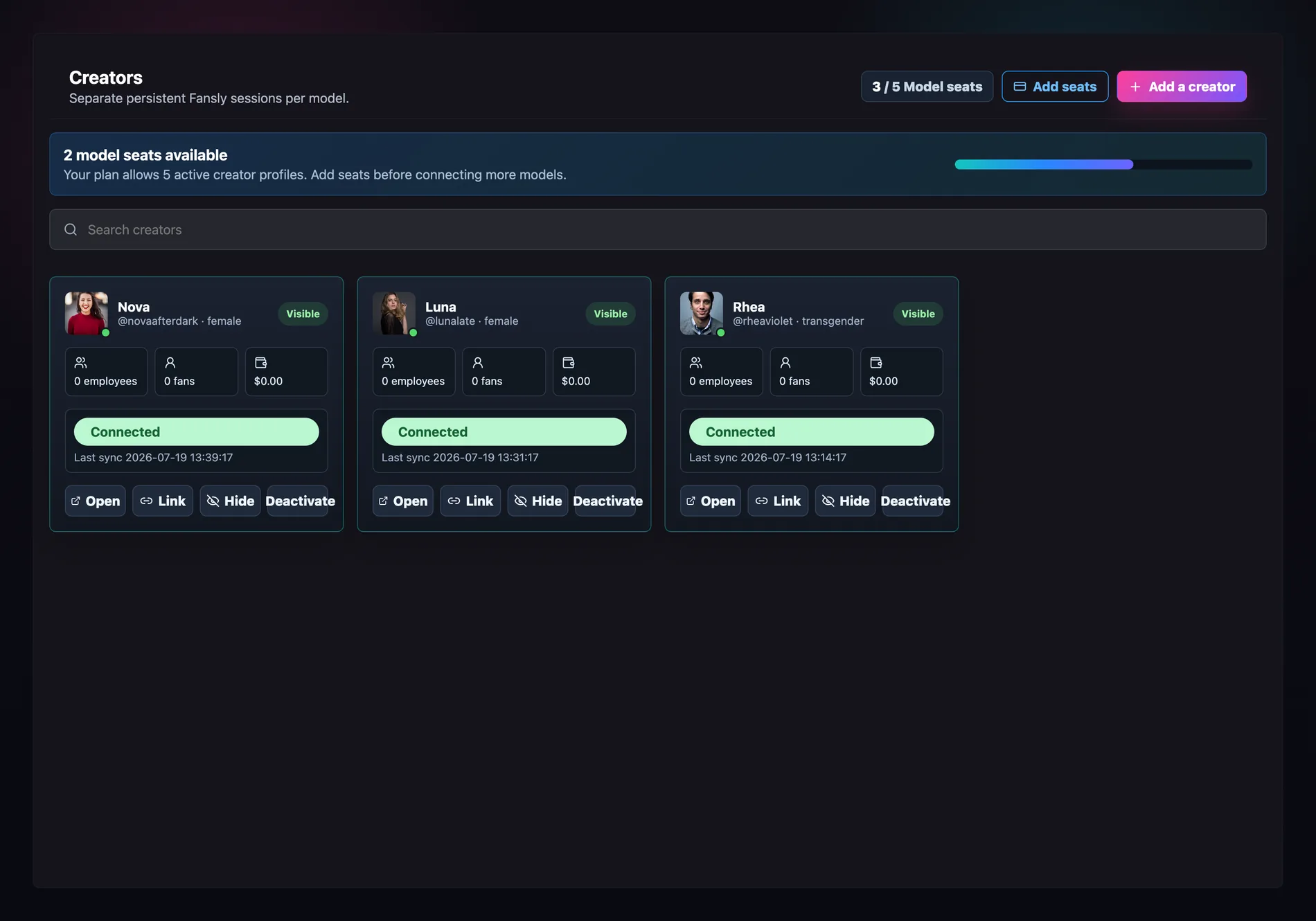 Revny creator management view